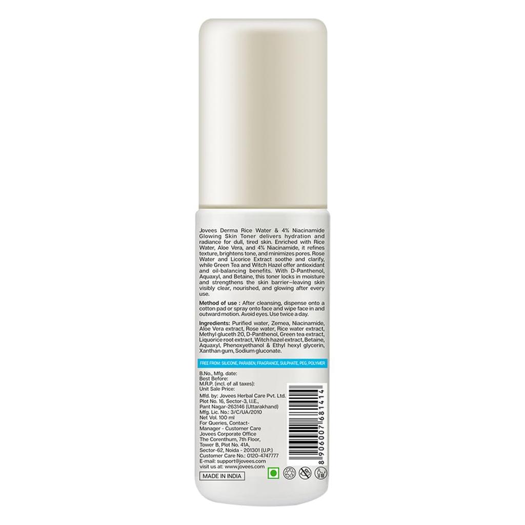 Jovees Derma 4% Niacinamid Reiswasser Toner Für Glass Skin Glow Feuchtigkeitsspendend Unreinheitenkontrolle Porenverfeinernder Nebel Normale Bis Trockene Haut 100ml