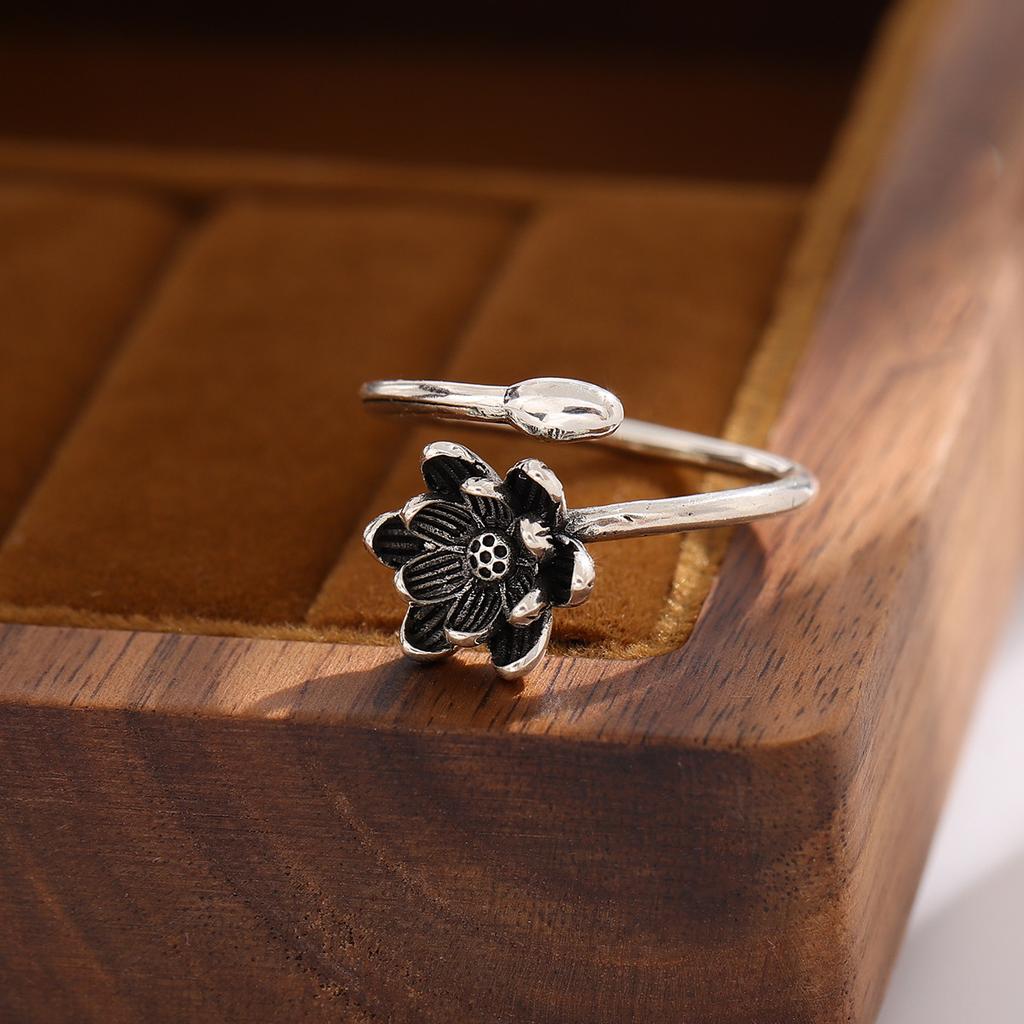 New Retro Lotus Simple Ethnic 925 Sterling Silver Jewelry Temperament Flower Lotus Opening Rings R107