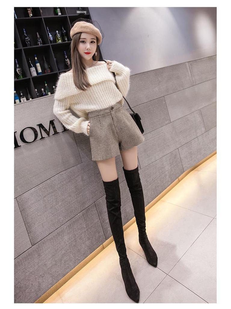 Pantaloni scurți de damă cu talie înaltă, din lână, cu imprimeu pied-de-poule, croială A-line - Toamnă/Iarnă 2022