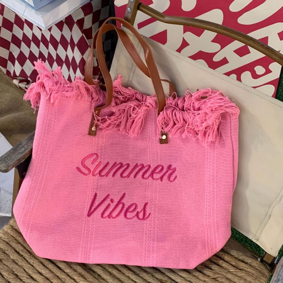 Korean Canvas Embroidered Tote: Versatile Women's Woven Beach Handbag with Tassel