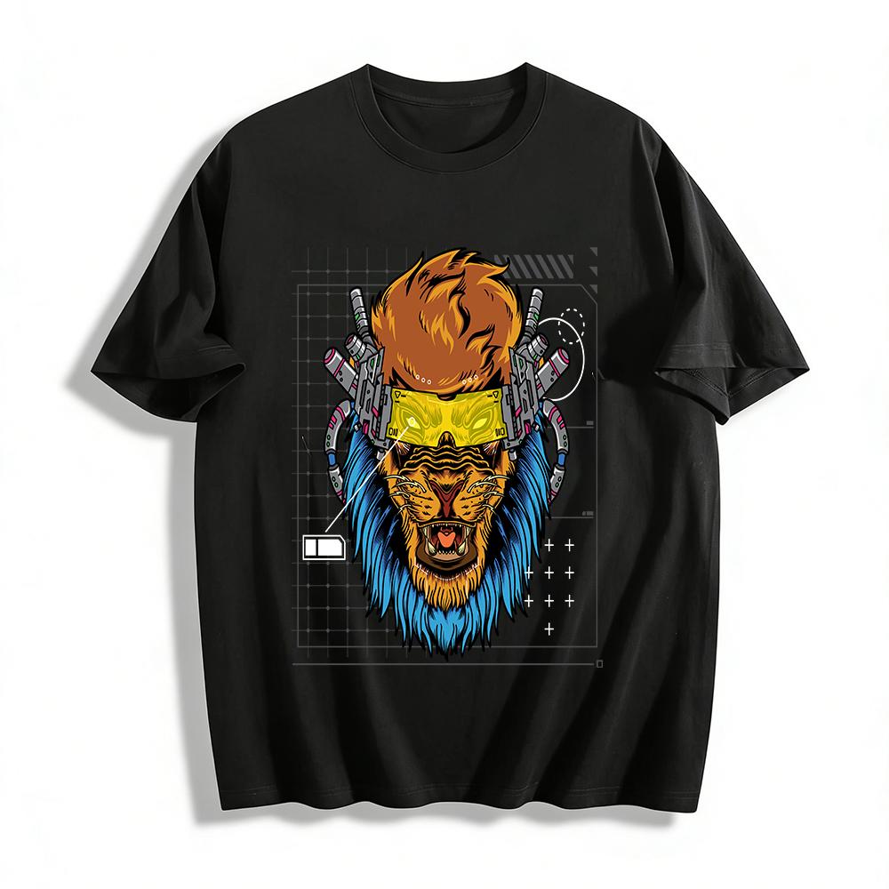 Cyberpunk Mechanical Lion Head Print Streetwear Casual Top Pure cotton T-shirt XXS