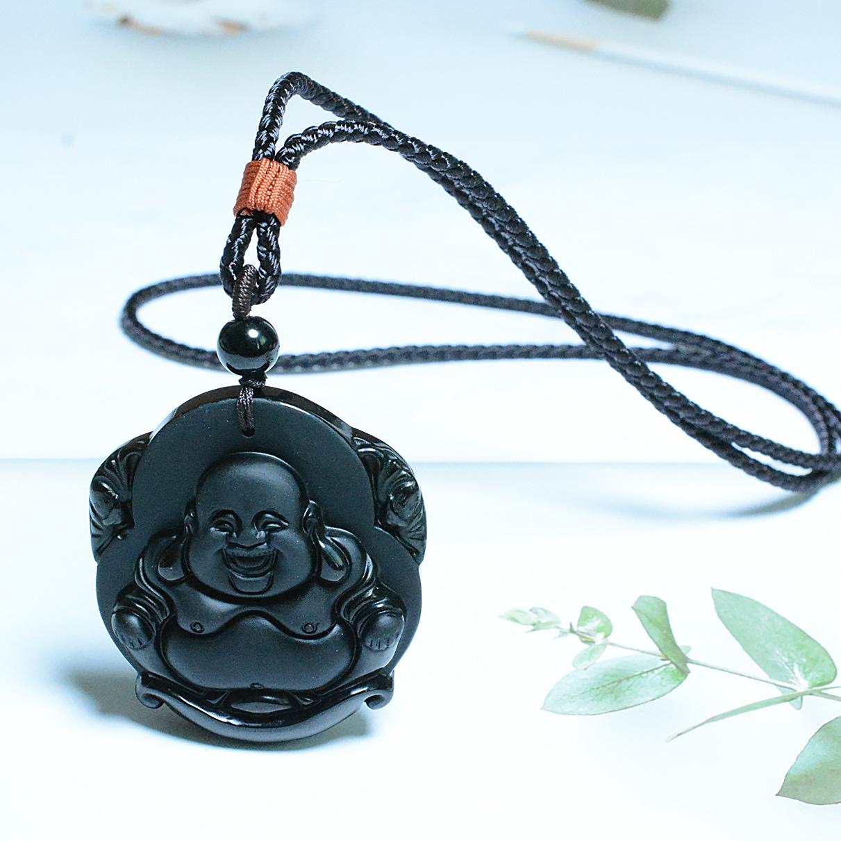 Crystal Obsidian Yuanbao Laughing Buddha Pendant - Fortune Necklace
