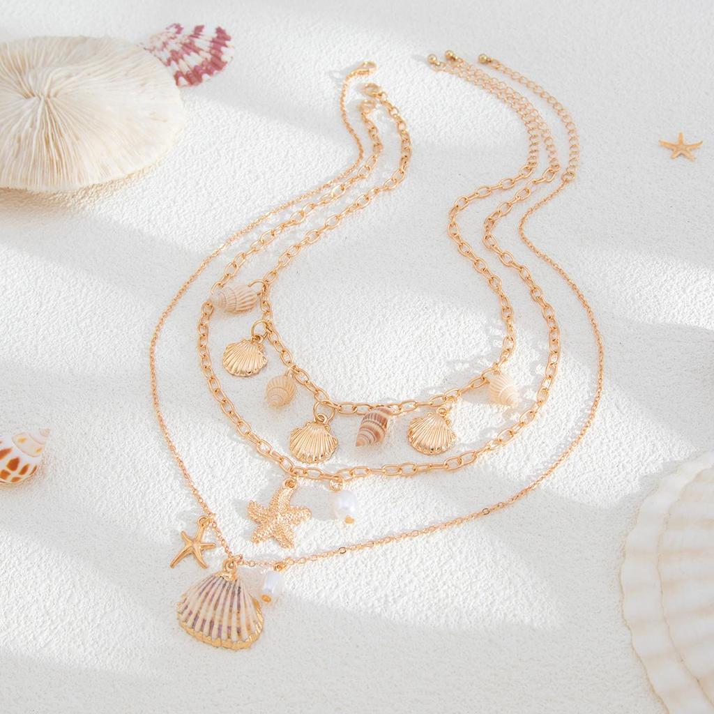 3pcs Bohemian Shell Starfish Pendant Necklace Ocean Series Multi-layered Alloy Pearl Clavicle Chain Necklaces for Women Summer Fashion Jewelry