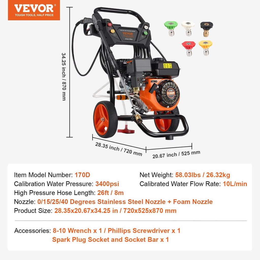 Gas Pressure Washer 3400 PSI 2.6 GPM with 5 Nozzle Set for Cars Vertical
