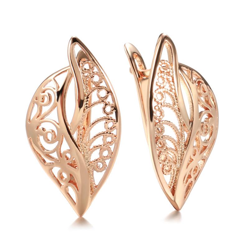 585 rose gold earrings, cold wind simple hollow carved leaf women s earrings