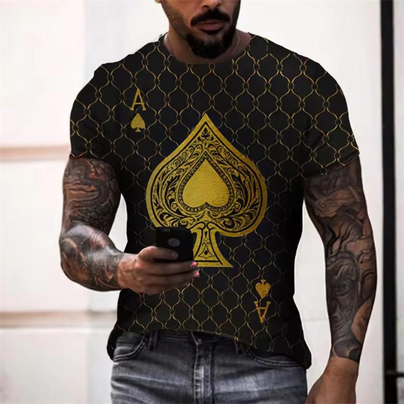 Black and white poker T-shirt 3D spade print fashionable street round neck men's T-shirt short sleeved hip-hop casual summer top