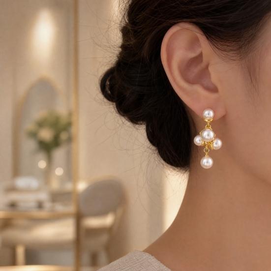 1 Pair Faux Pearls Dangle Earrings for Women, Gold Plated Grape Cluster Drop Earrings, Prom Wedding Bridal Jewelry