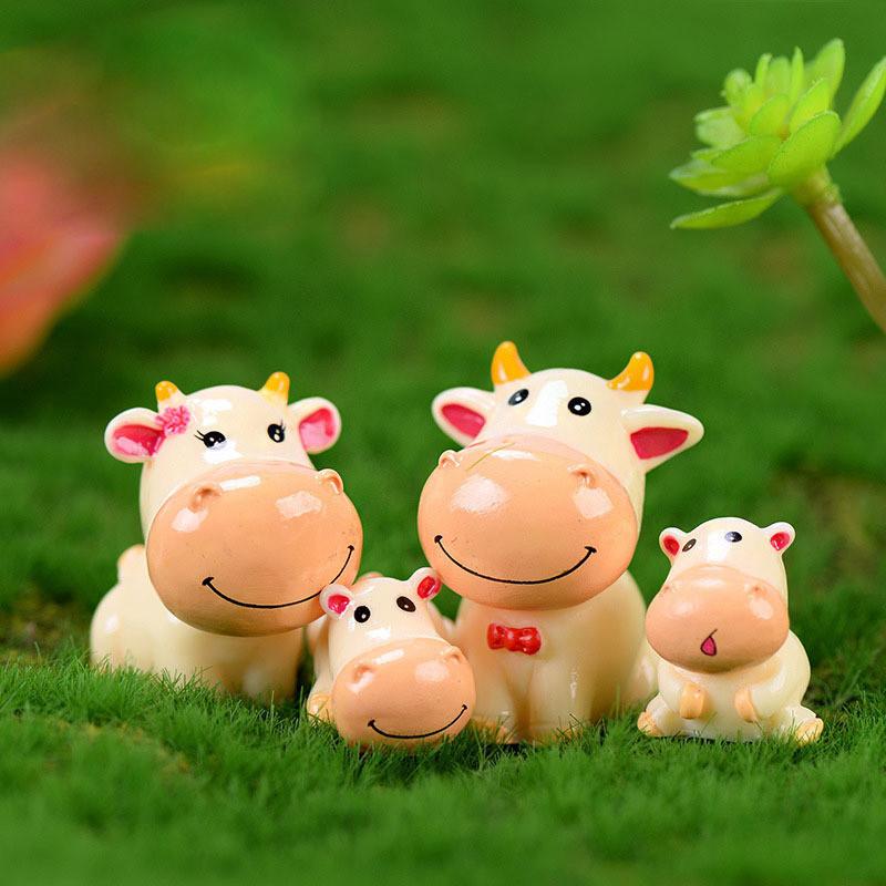 Cute Resin Ox Figurine Cartoon Style Diy Miniature Animal Decoration Set