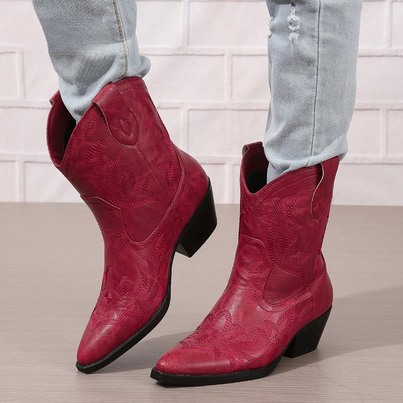 Plus Size 46 Women Embroidered Western Cowboy Boots Stylish and Comfortable Work Boots Block Heel Thick Sole Women Western Shoes