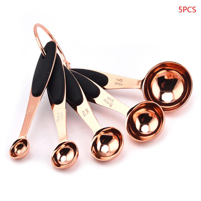 LINHU 5Pcs Coffee Heavy Duty Wooden Handle Stainless Steel Rose Gold Measuring Cups Baking Tool Measuring Spoons Set Sugar Scoop Cups