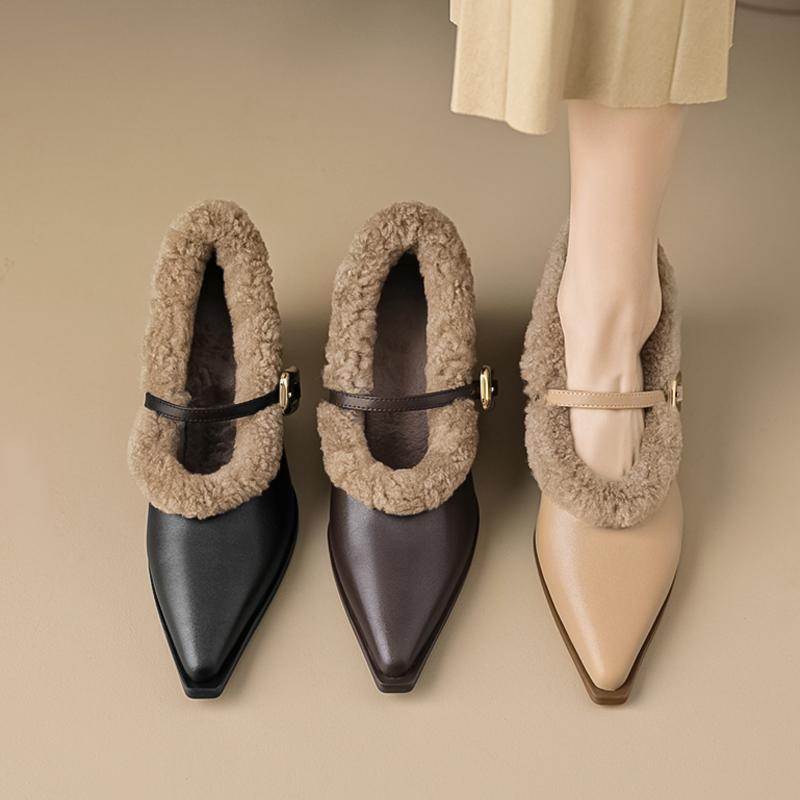 Fashion Elegant Metal Buckle Mary Janes Woman Chic  Brand Design Fur Low Heel Dress Shoes Ladies Winter Warm Plush Belt Pump Zapatos