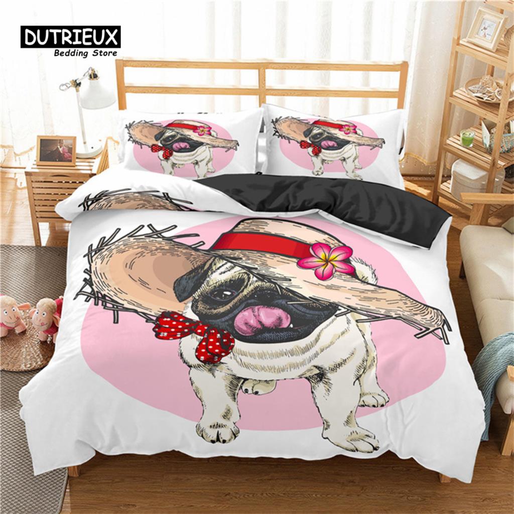 Modern Elegant Pug Pet Dog Polyester Funny Cartoon Animal Size For Kids Child Teens Decor Full King Comforter