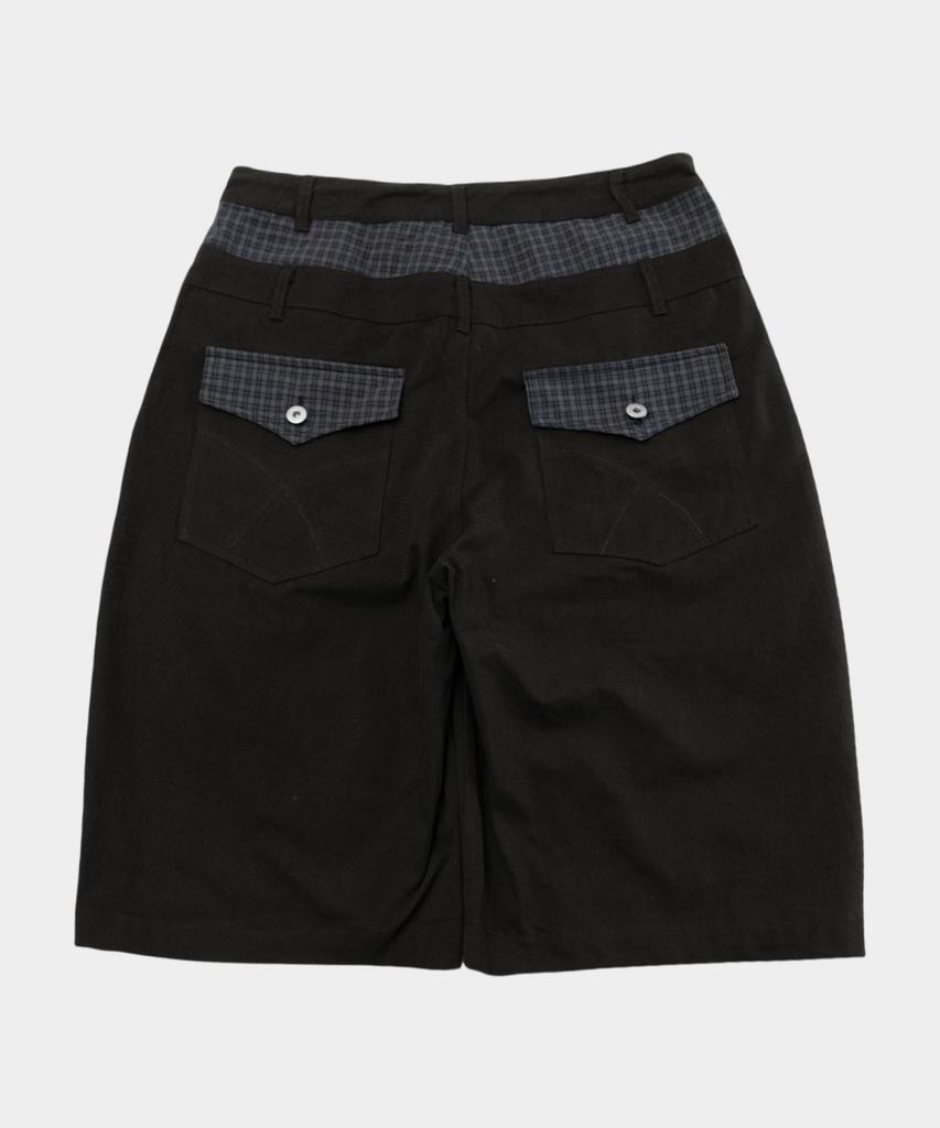 SOMEPLACE MAN Back Check Rivet Point Oversized Wide Bermuda Casual Cotton Pants [Black]