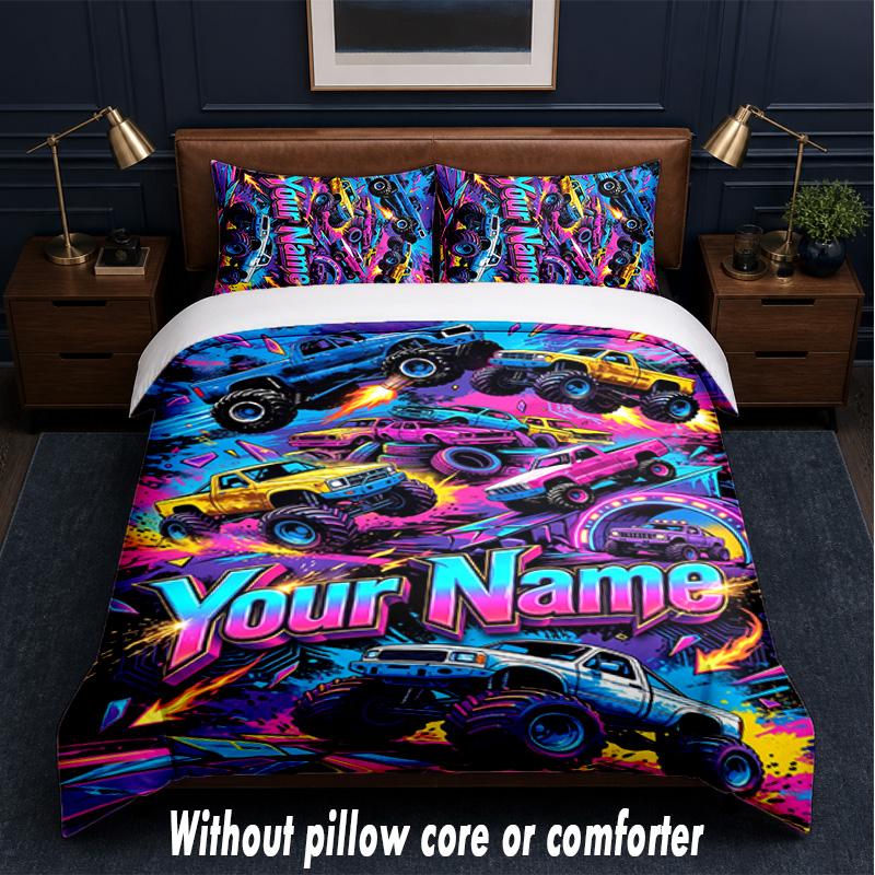 Monster Truck Theme Custom Text Or Name 3Pcs Bedding Set,1 Flat Sheet & 2 Pillowcases Personalized Home Bedding