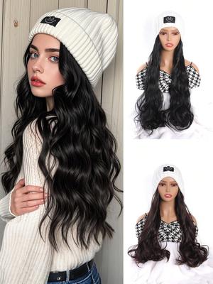 Synthetic Hat Wigs Smiley Symbol  Hat With Long Big Wave Hair Extensions For Women And Girls Fashion  Design Hat And Wigs In One Piece For Daily Use