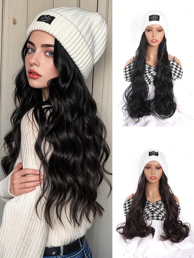 Peruki syntetyczne z symbolem uśmiechniętej buźki z długimi, dużymi falami do przedłużania włosów dla kobiet i dziewcząt, modny design, kapelusz i peruki w jednym kawałku do codziennego użytku