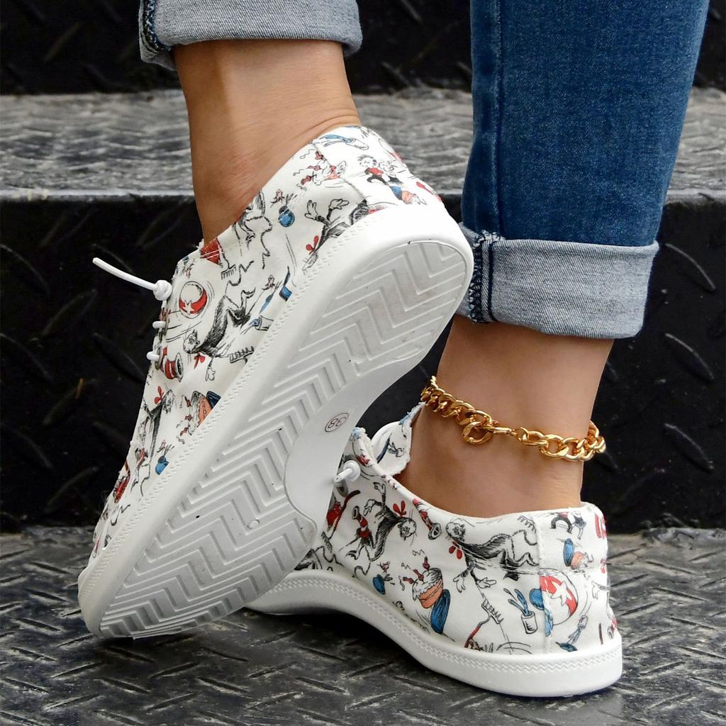 Women's Cartoon Print Flat Loafers, Lightweight Round Toe Comfortable Lace Up Slip On Canvas Shoes, Casual Low Top Shoes