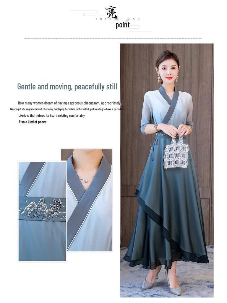 Spring/Summer Chinese Han Gradient Color Zen Tea Suit Dress - National Style Spa & Salon Attire