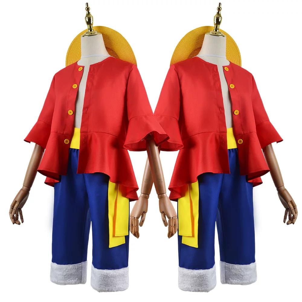 One Piece Monkey D Luffy Cosplay Costume, Red Jacket Blue Pants with Straw Hat, Adult & Kids Anime Role‑Play Halloween Outfit