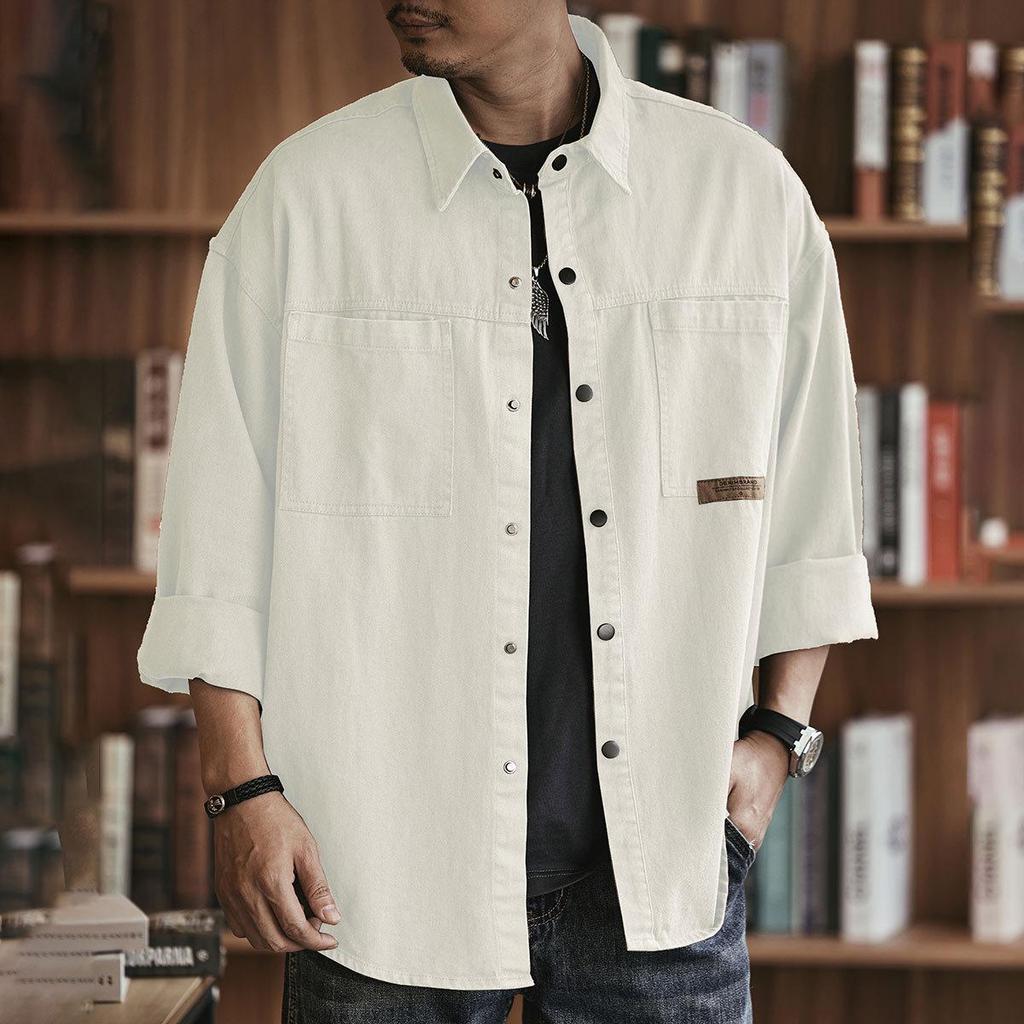 Herren Off-White Schweres Arbeitshemd, mit Samt gefüttert, lockere Passform, lässig langärmlig für Frühling & Herbst