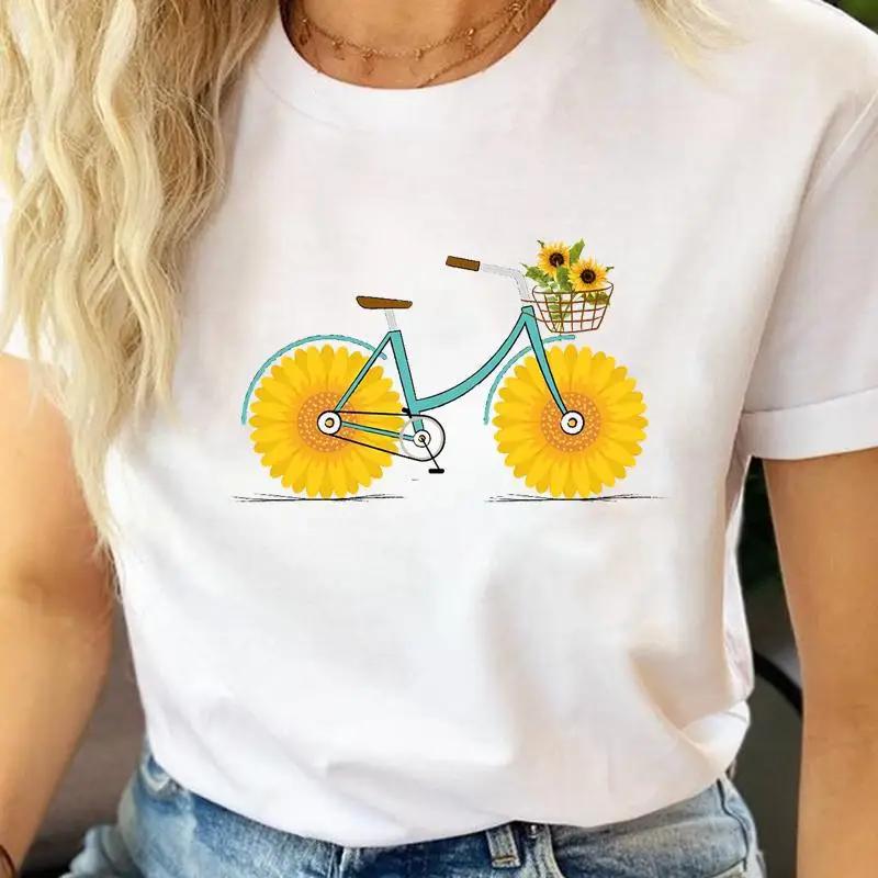 

Womens Floral Bicycle Graphic TShirt ShortSleeved White Printed Aesthetic HalfSleeved Top for Casual Wear 4XL