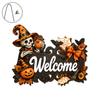 Durable Door Sign for Porch Halloween Pumpkin Ghost Wooden Welcome Hanger Sign, Cute Wall Ornament with Bell Front Hanging Rope, Decor Indoor Outdoor