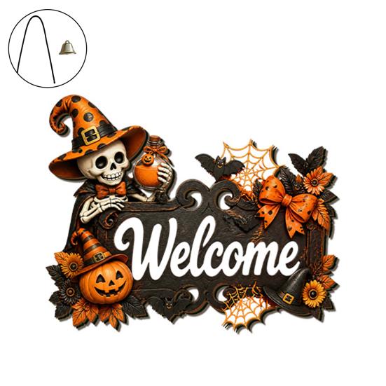 Durable Door Sign for Porch Halloween Pumpkin Ghost Wooden Welcome Hanger Sign, Cute Wall Ornament with Bell Front Hanging Rope, Decor Indoor Outdoor