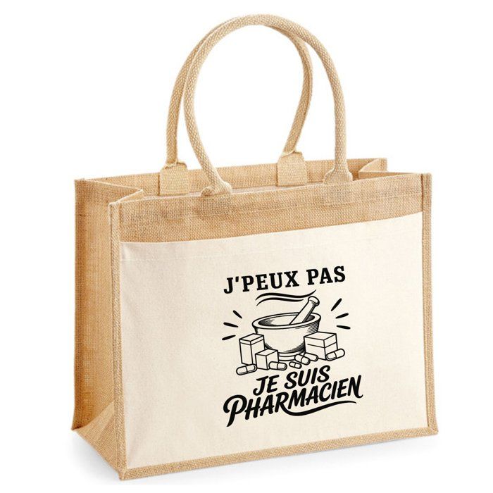 Sac Cabas Jute avec Poche J’peux pas je suis Pharmacien J'peux pas minimaliste | Toile de Jute et Coton 21 L Fond Plat Anses 65 cm