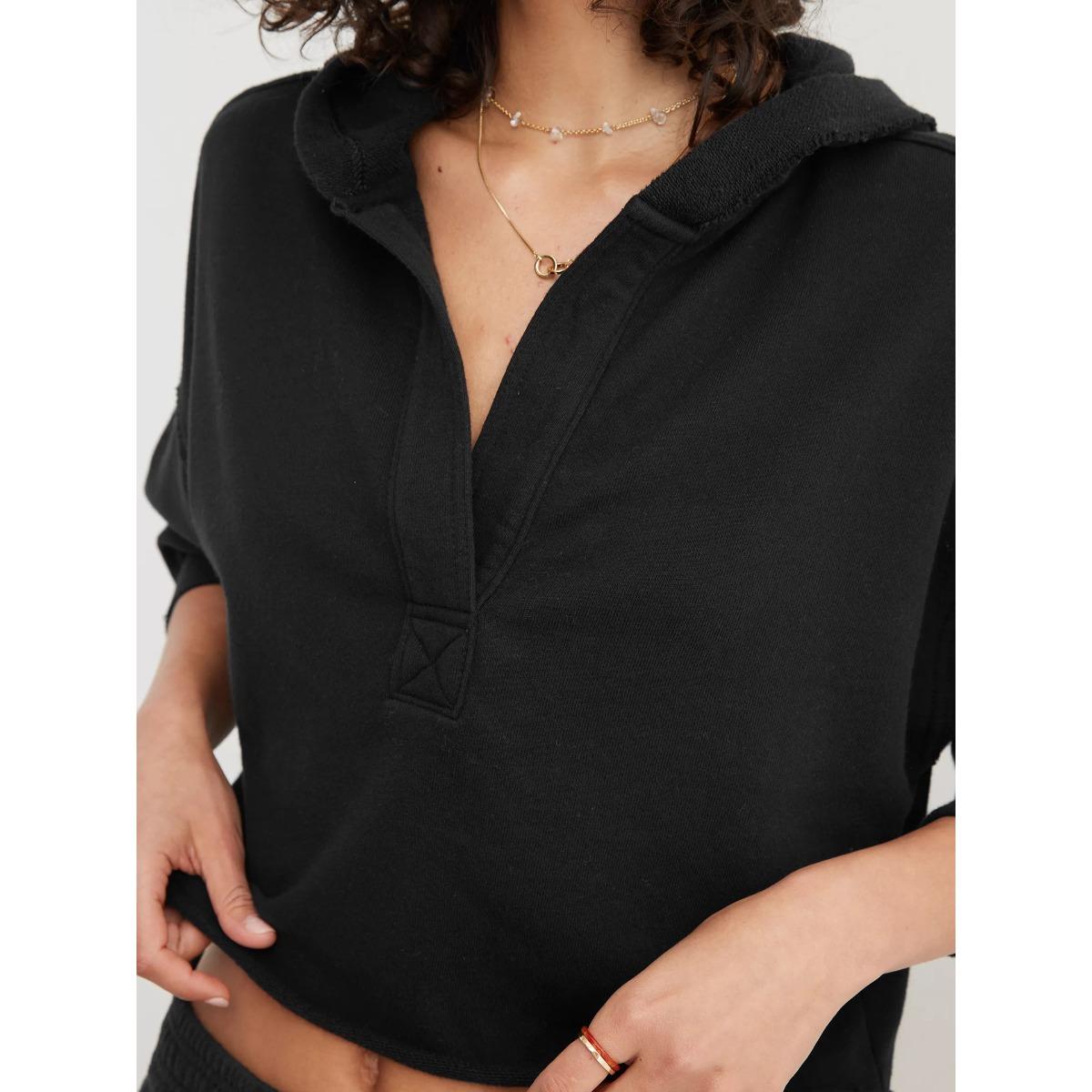 

Женская мода 2025 Худи оверсайз с V-образным вырезом, с длинным рукавом, пуловер, повседневная толстовка, трендовые топы на осень и весну XL чёрный