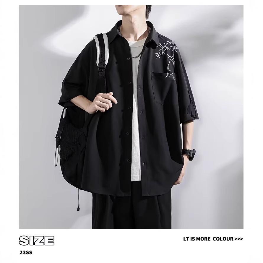 

Men’s Summer Bamboo Pattern Ice Silk Shirt - Casual Loose Fit with Short Sleeves Large чорний