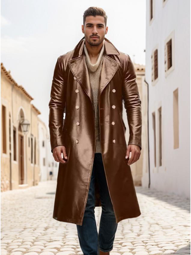 Herren PU Leder Zweireiher Trenchcoat: Europäischer & Amerikanischer Stil, Übergröße, Mittellang, Deutsches Militärdesign. M braun