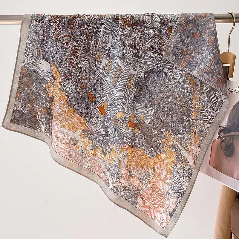 2024 Luxury Animals Floral Print 70cm Cotton Velvet Square Scarf for Women Soft Neckerchief Lady Hijab Neck Tie Hair Headbands