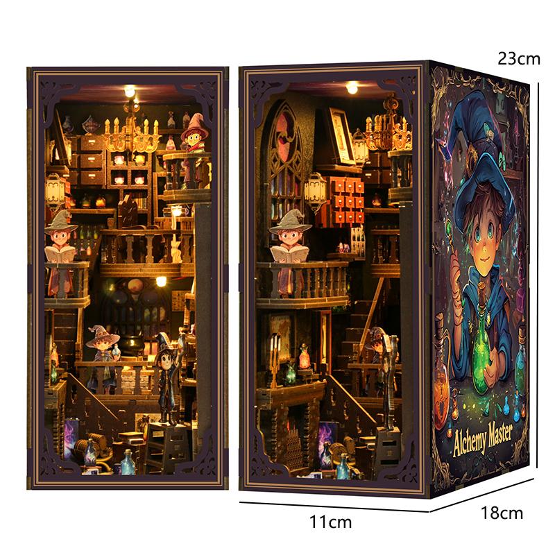 DIY Book Nook Kit 3D Wooden Bookshelf Set Handmade Doll House Bookshelf Insert Retro Booknook Decor Dollhouse For Christmas Gift