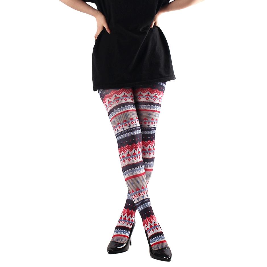 Modische Weihnachts-Damen-Strumpfhose im nordischen Stil, gestrickt, bedruckt, semi-opak, mit Fair Isle-Muster und Lippenstift-Kuss-Muster One Size black