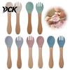 Portable Feeding Kit for Travel Baby Led Weaning Spoon And Fork Set, Soft Silicone Utensils BPA Free Tableware with Wooden Handles, Toddler