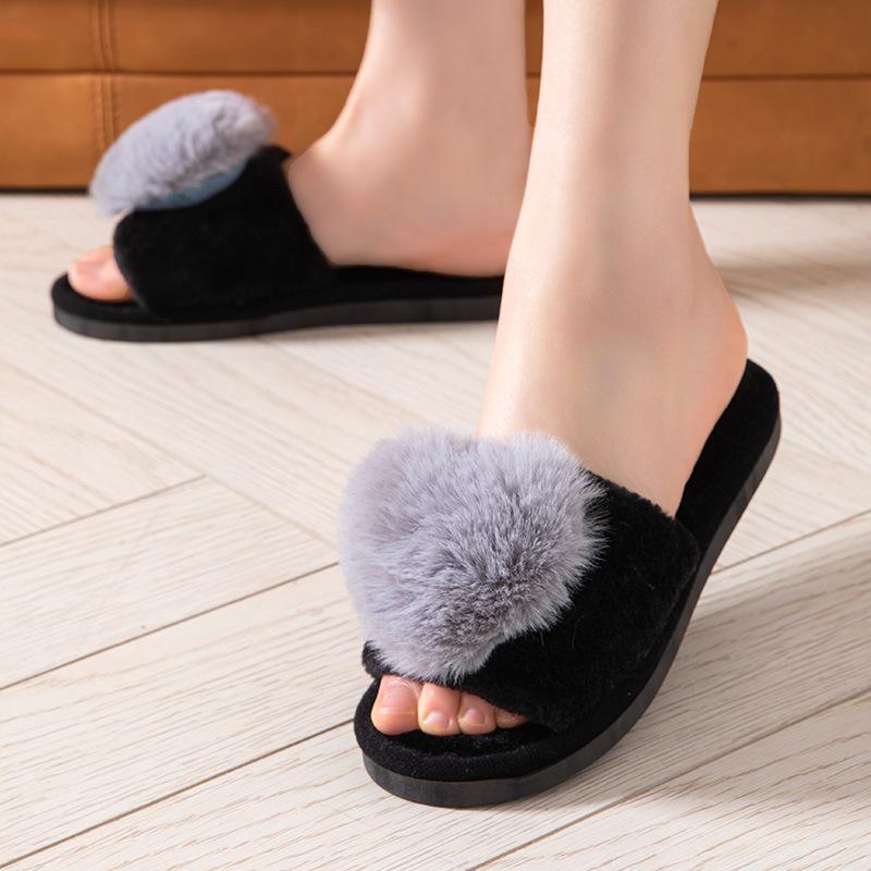 Love Open Fluffy Open-toed Warm Autumn and Winter Four-season Open Cotton Slippers Home Slippers