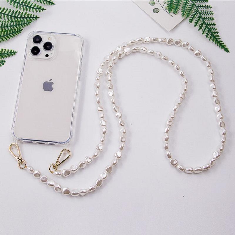 Pearl Bracelets Chain Crossbody Necklace Lanyard Phone Case For  Iphone 16 15 14 Pro 13 12 Mini 11 7 8 Plus Beige Cover