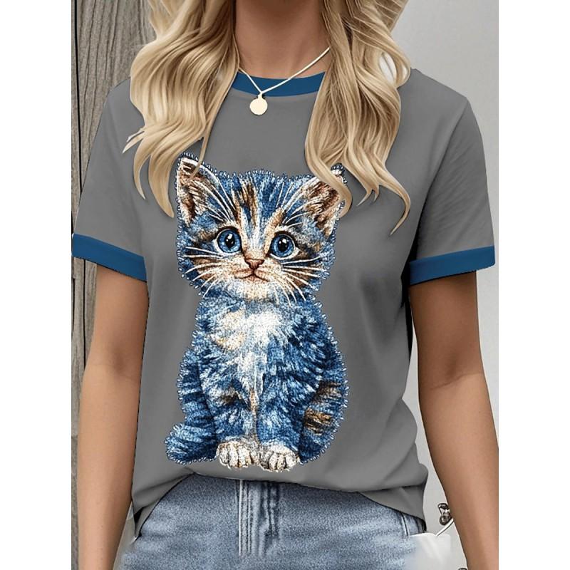 Womens Loose Fit Short Sleeve T-Shirt With 3D Digital Color Block Print Round Neck Casual Top