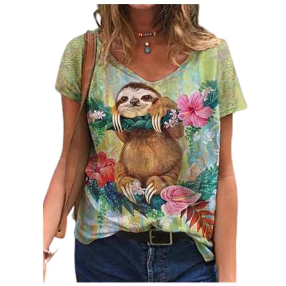 Casual Summer T-shirt 2025 New Women's 3d Floral Print T-shirt Ladies Street Wear Short-sleeved V-neck Top