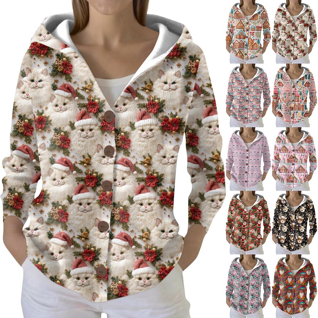 Women's Fashion Casual Sweater Button-Up Print Cardigan  Hooded Jacket