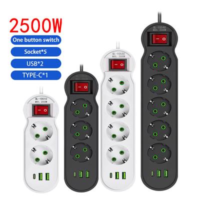 Régua de energia de plugue da UE 2/3/4/5 tomadas Multitap Extension 10A com 2 portas USB 1 Tipo C Cabo de 2 m Soquete elétrico 2500 W Carregamento rápido