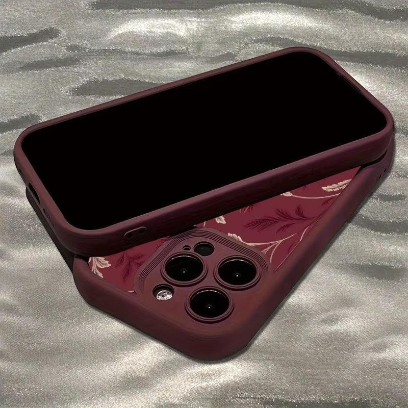 A Burgundy Floral with Light Brown Branches And Leaves Case For iPhone 17 Air 16 15 14 13 12 11 Pro Max XS XR X 7 8 Plus Cover