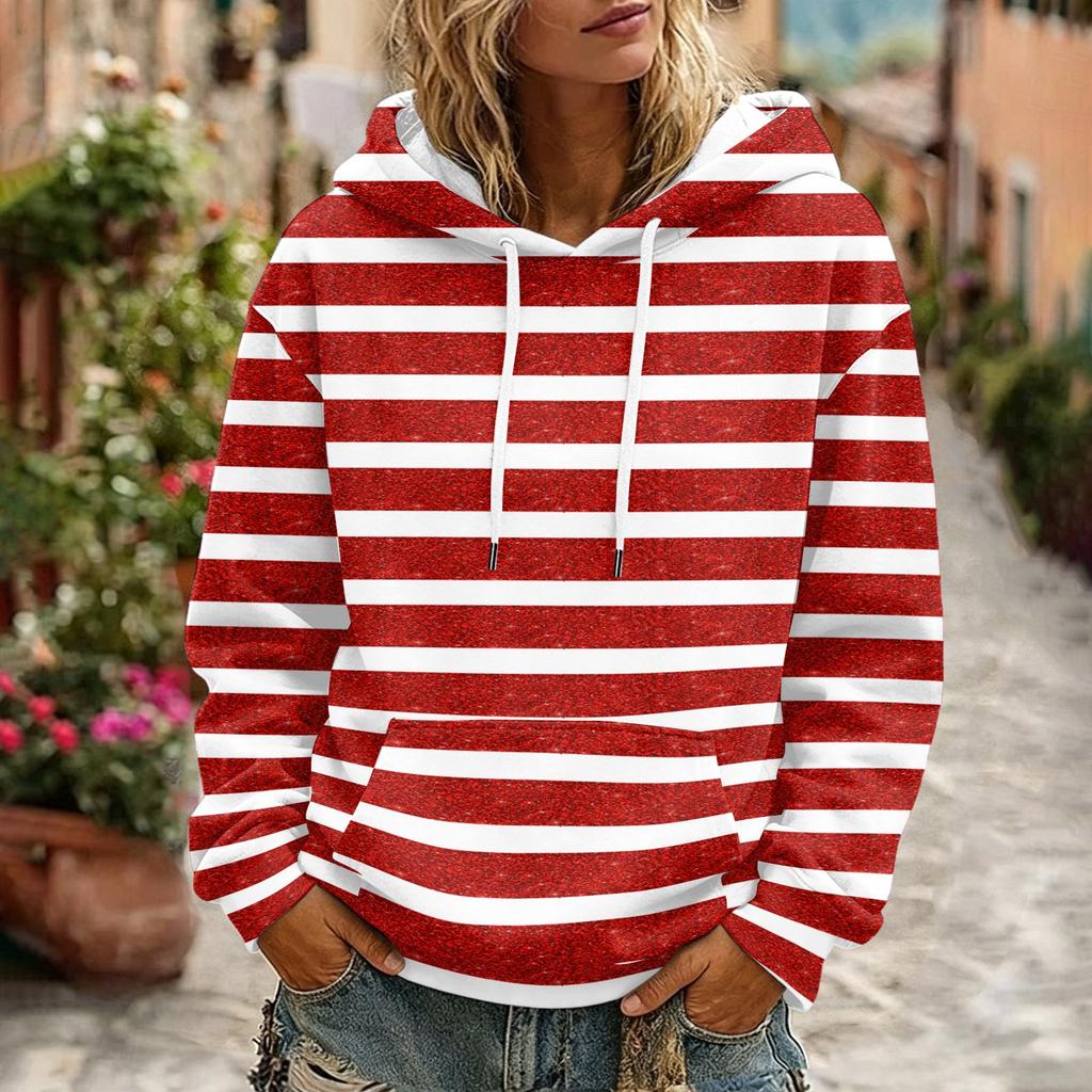 Women's Striped Print Casual Long Sleeve Hoodie with Pocket and