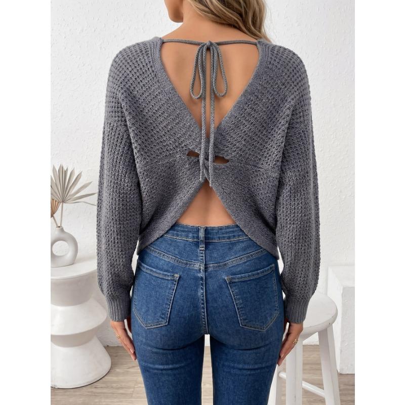Women Sexy V Neck Backless Cross Strap Loose Pullover Knit Sweater