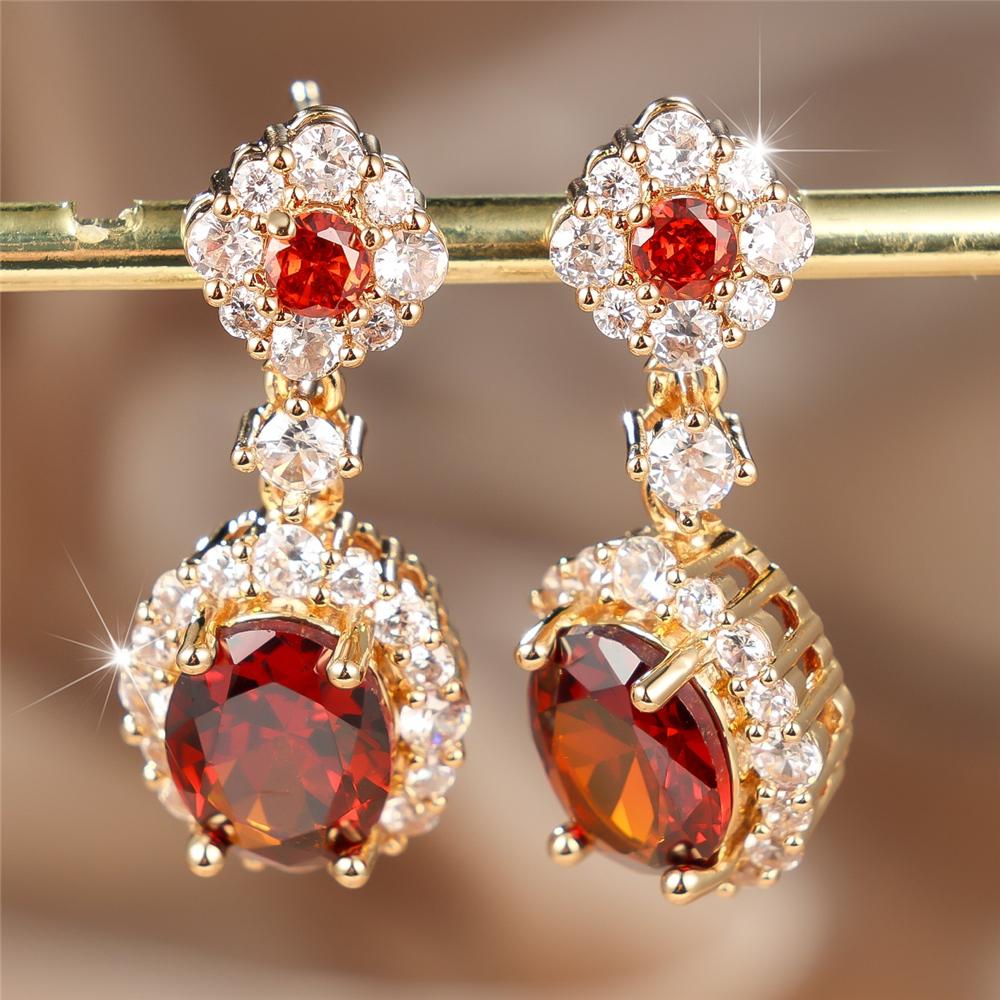 Elegant Female Big Oval Red Small White Zircon Stone Hoop Earrings Trendy Fashion Gold Color Wedding Jewelry For Women