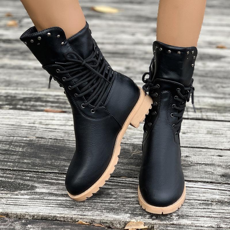 Medium boots women's autumn and winter new willow nails low heel knight boots solid color rear zipper velvet leather boots