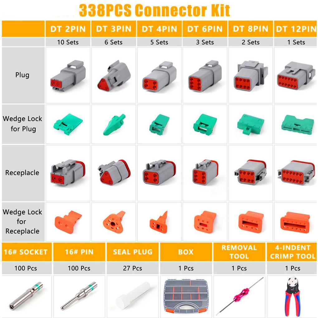 338Pcs DT Series Waterproof Connector Kit Repair Tool Box 2/3/4/6/8/12 2P/3P/4P/6P/8P/12P With Terminal