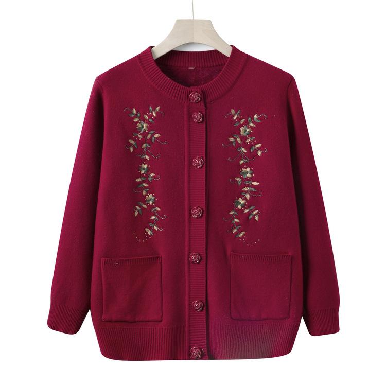 Middle-aged and Elderly People In Autumn Plus Velvet Thick Knitted Sweater Mother Coat Grandma Cardigan Sweater Winter Clothes Old Lady Clothes