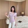 Summer New Letter Printing Slim V-neck T-shirt Women's Design Sense Short Sleeve Front Shoulder Students On the Clothes Trend