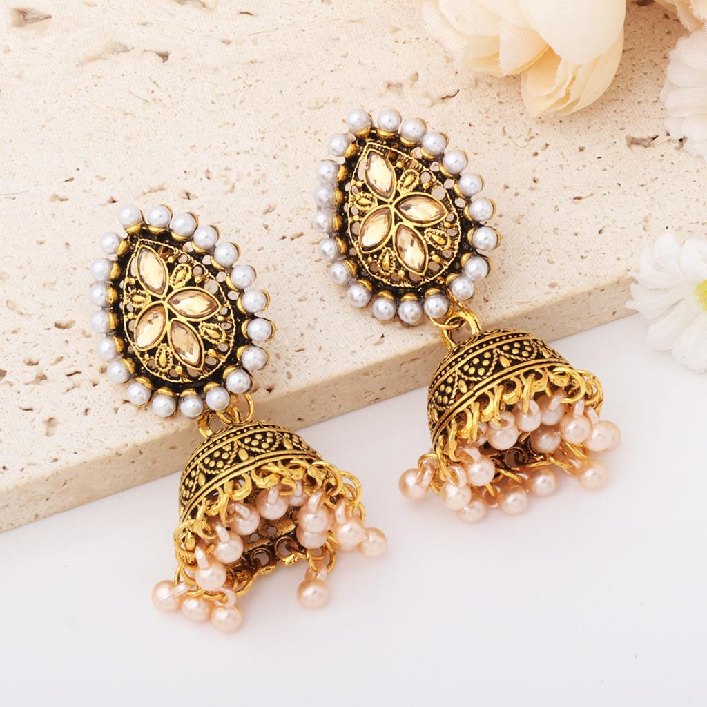 Explosive Earrings, European and American Style Engraved Water Drop Bells, Earrings, Temperament Earrings, Ethnic Style Imitation Pearl Earrings